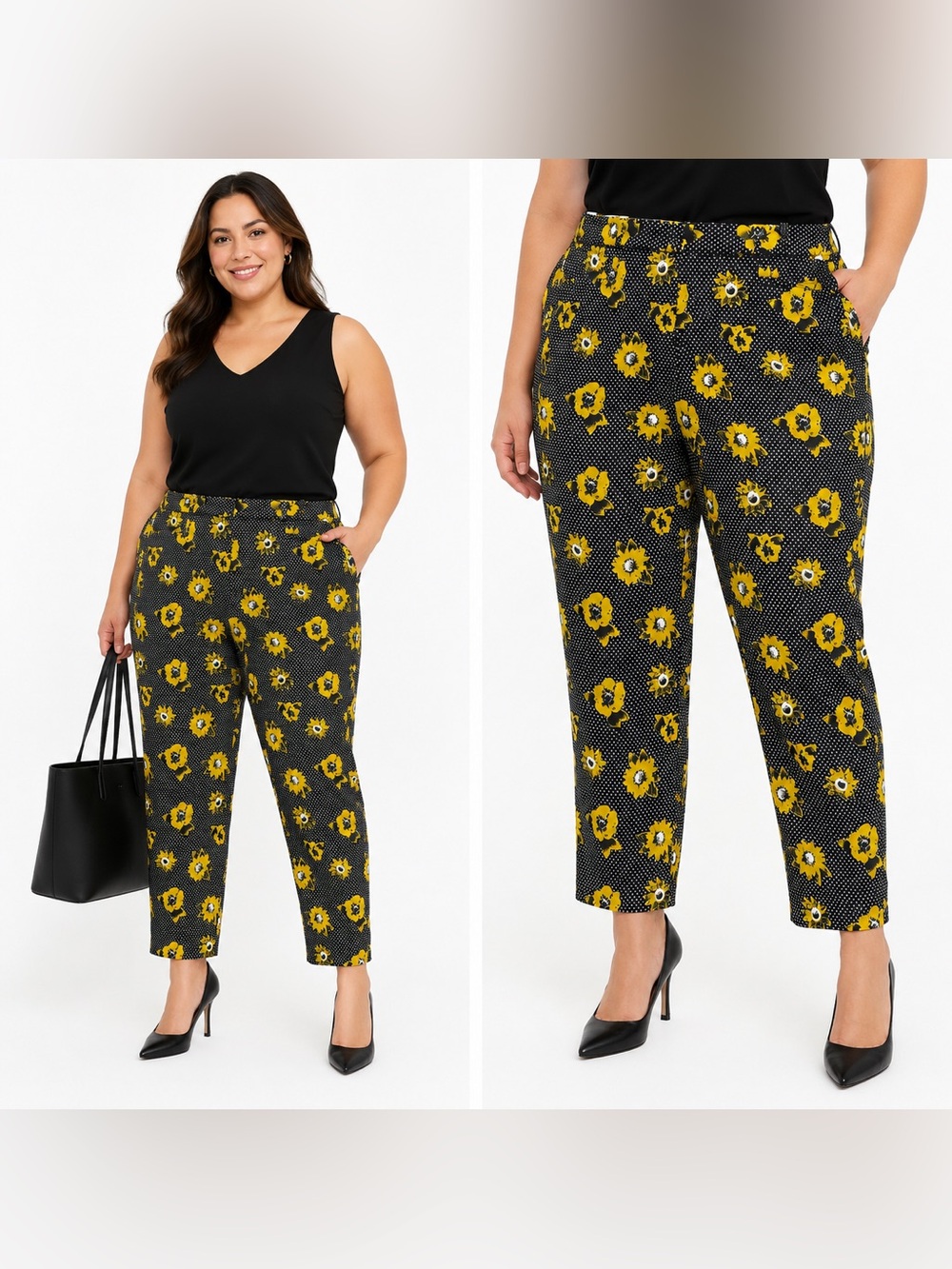 Banana Republic Sloan Floral Print Ankle Pants Black Yellow Sunflower Polka Dot